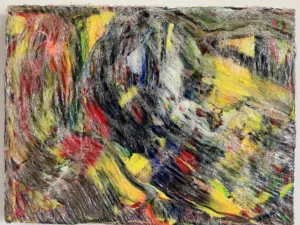 Tactile Squeeze Transparent Abstraction — painting; in acrylic on canvas; red and yellow tones — detail 3 of 3, close-up of surface texture