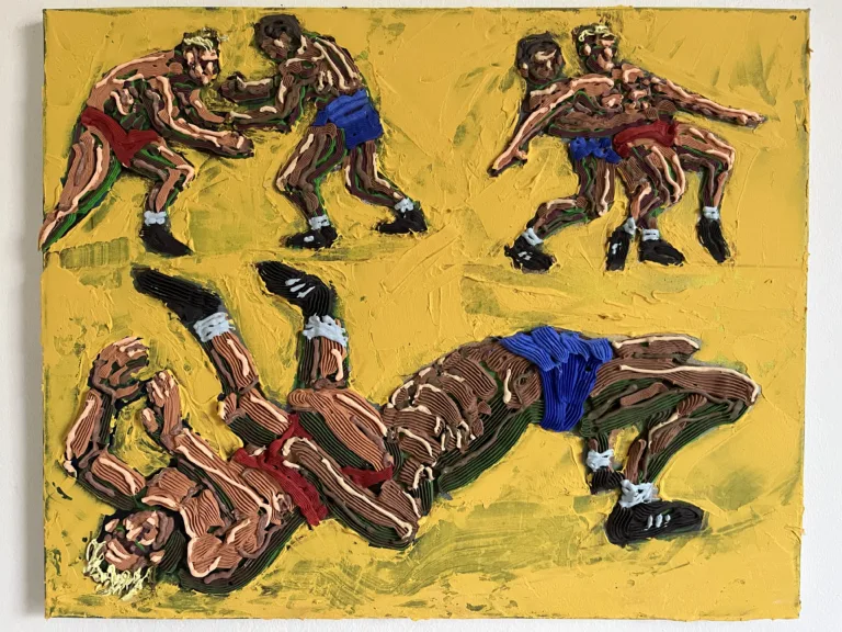 Tactile Squeeze Wrestling — painting; in acrylic on canvas; yellow and brown tones