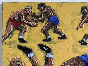 Tactile Squeeze Wrestling — painting; in acrylic on canvas; yellow and brown tones — detail 1 of 6, close-up of surface texture