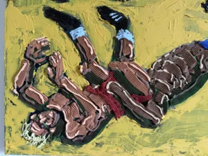 Tactile Squeeze Wrestling — painting; in acrylic on canvas; yellow and brown tones — detail 2 of 6, close-up of surface texture