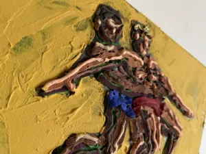 Tactile Squeeze Wrestling — painting; in acrylic on canvas; yellow and brown tones — detail 6 of 6, close-up of surface texture
