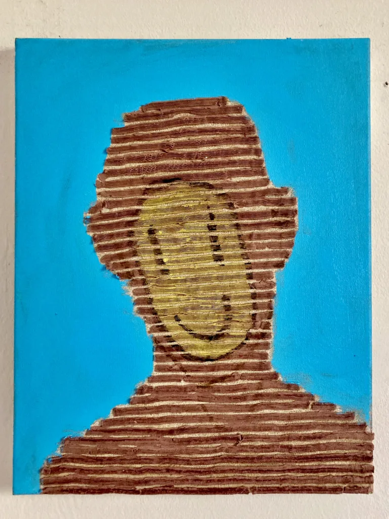 Tactile Texture Linear Squeeze Portrait Smiley Face — oil-and-wax relief portrait; a brown striped head with a flat yellow smiley face, on turquoise