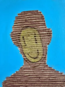 Tactile Texture Linear Squeeze Portrait Smiley Face — oil-and-wax relief portrait; a brown striped head with a flat yellow smiley face, on turquoise — detail 3 of 3, close-up of surface texture