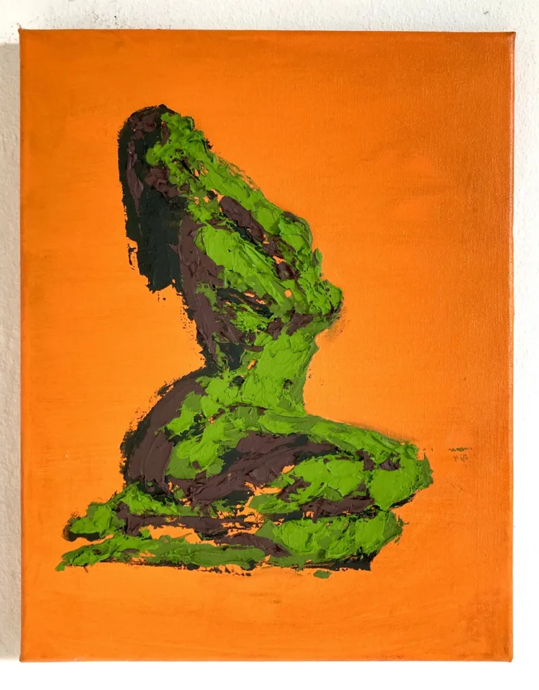Tactile Textured Female Figure In Camouflage Colors On Orange Background — painting; built up in heavy, tactile impasto
