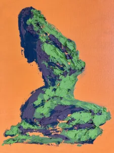 Tactile Textured Female Figure In Camouflage Colors On Orange Background — painting; built up in heavy, tactile impasto — detail 2 of 2, close-up of surface texture