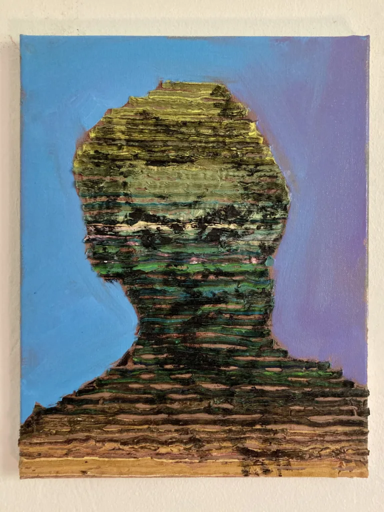 Tactile Textured Linear Squeeze Portrait Of A Man — oil-and-wax relief portrait; a head built from stacked horizontal ridges in green, yellow and brown against blue and violet
