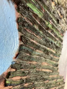Tactile Textured Linear Squeeze Portrait Of A Man — oil-and-wax relief portrait; a head built from stacked horizontal ridges in green, yellow and brown against blue and violet — detail 1 of 4, close-up of surface texture