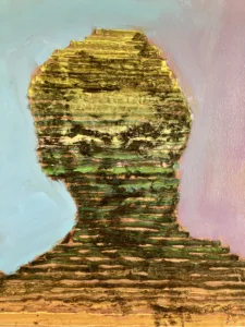 Tactile Textured Linear Squeeze Portrait Of A Man — oil-and-wax relief portrait; a head built from stacked horizontal ridges in green, yellow and brown against blue and violet — detail 4 of 4, close-up of surface texture