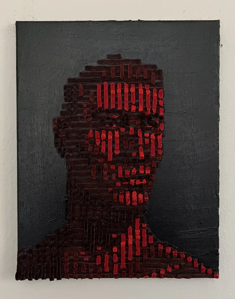 Tactile Textured Linear Squeeze Portrait Of Man In Black And Red — painting; in oil on canvas