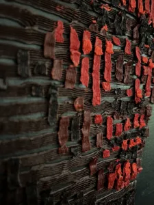 Tactile Textured Linear Squeeze Portrait Of Man In Black And Red — painting; in oil on canvas — detail 1 of 2, close-up of surface texture