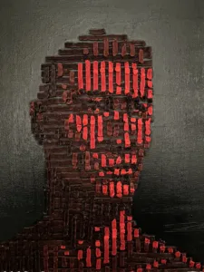 Tactile Textured Linear Squeeze Portrait Of Man In Black And Red — painting; in oil on canvas — detail 2 of 2, close-up of surface texture