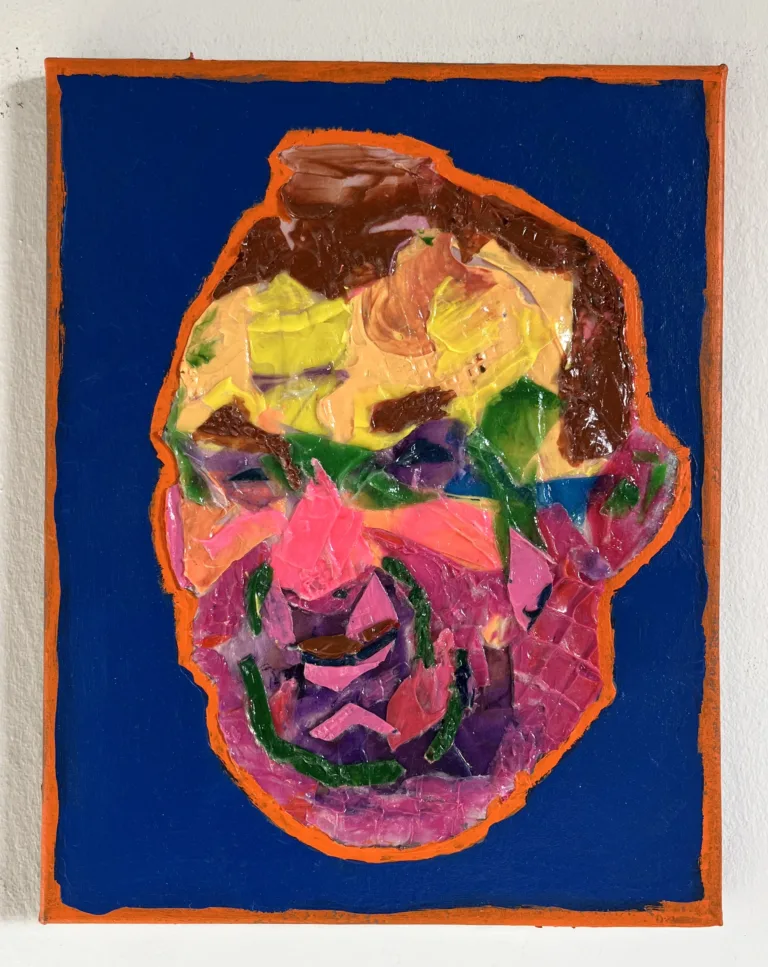 Tactile Textured Paint Assemblage Of Smiling Man — painting; of a portrait; in acrylic on canvas
