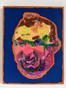 Tactile Textured Paint Assemblage Of Smiling Man — painting; of a portrait; in acrylic on canvas — detail 1 of 3, close-up of surface texture