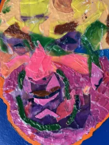 Tactile Textured Paint Assemblage Of Smiling Man — painting; of a portrait; in acrylic on canvas — detail 2 of 3, close-up of surface texture