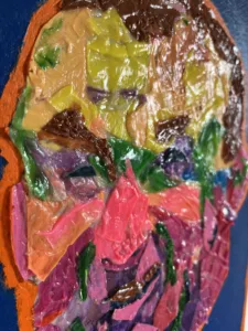 Tactile Textured Paint Assemblage Of Smiling Man — painting; of a portrait; in acrylic on canvas — detail 3 of 3, close-up of surface texture