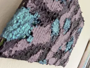 Tactile Textured Physical Pixel Abstract Purple Blue Iridescent Pattern — painting; structured on a grid — detail 2 of 3, close-up of surface texture