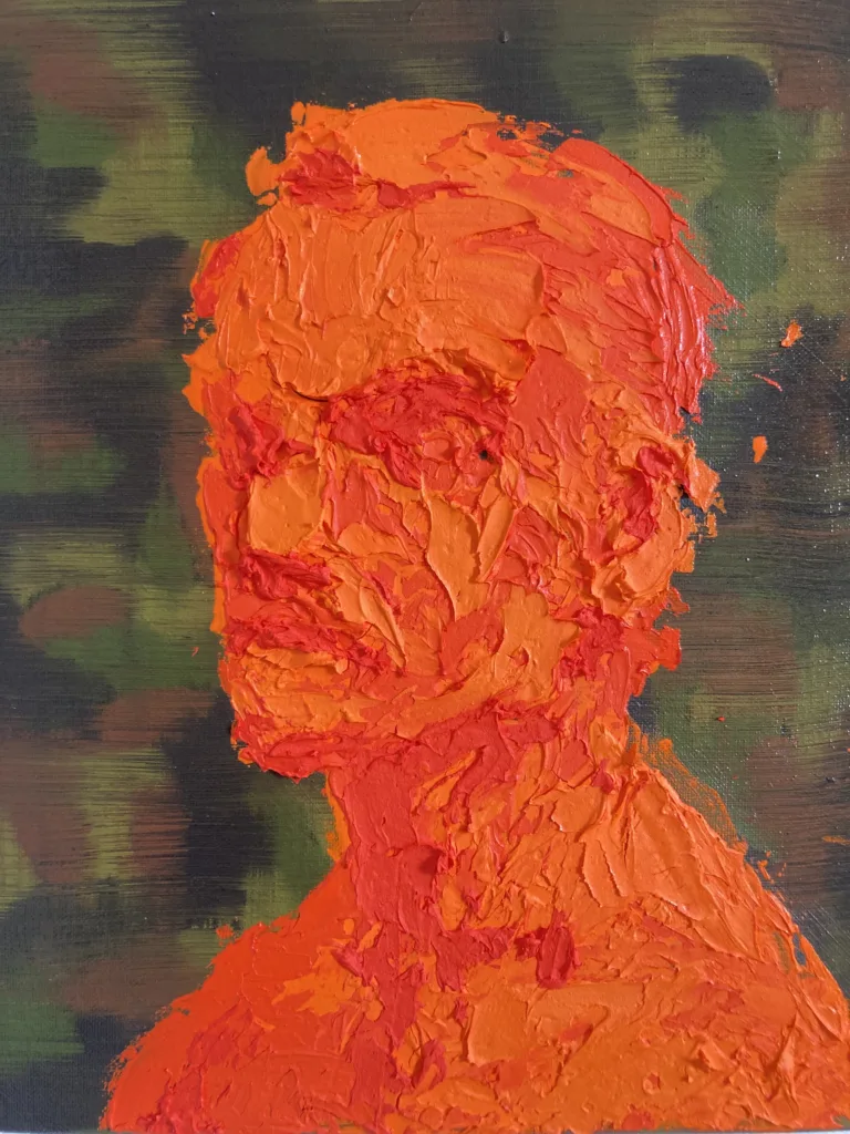 Tactile Textured Portrait Of A Man In Orange On Camouflage Background — painting; built up in heavy, tactile impasto