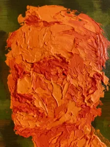 Tactile Textured Portrait Of A Man In Orange On Camouflage Background — painting; built up in heavy, tactile impasto — detail 1 of 4, close-up of surface texture