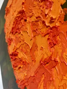 Tactile Textured Portrait Of A Man In Orange On Camouflage Background — painting; built up in heavy, tactile impasto — detail 2 of 4, close-up of surface texture