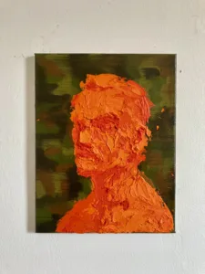 Tactile Textured Portrait Of A Man In Orange On Camouflage Background — painting; built up in heavy, tactile impasto — detail 4 of 4, close-up of surface texture
