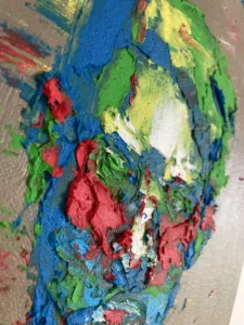 Tactile Textured Portrait Of Man — painting; built up in heavy, tactile impasto; in oil on canvas — detail 1 of 2, close-up of surface texture