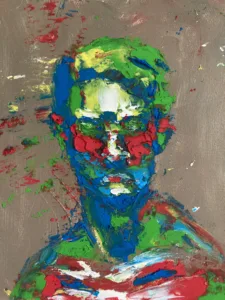 Tactile Textured Portrait Of Man — painting; built up in heavy, tactile impasto; in oil on canvas — detail 2 of 2, close-up of surface texture