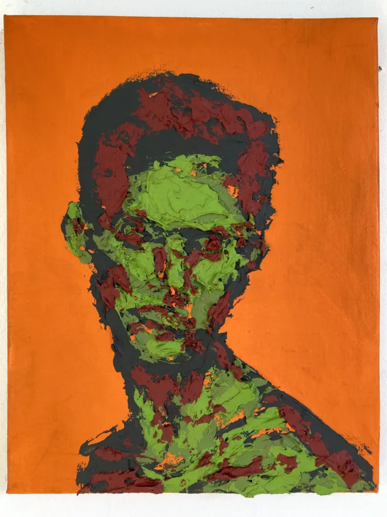 Tactile Textured Portrait Of Man In Camouflage Colors On Orange Background — painting; built up in heavy, tactile impasto