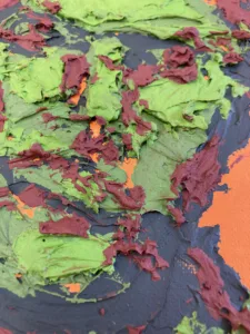 Tactile Textured Portrait Of Man In Camouflage Colors On Orange Background — painting; built up in heavy, tactile impasto — detail 1 of 4, close-up of surface texture