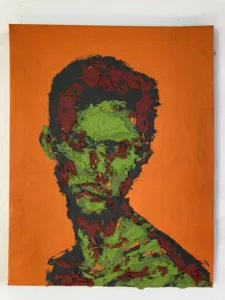 Tactile Textured Portrait Of Man In Camouflage Colors On Orange Background — painting; built up in heavy, tactile impasto — detail 3 of 4, close-up of surface texture