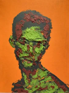 Tactile Textured Portrait Of Man In Camouflage Colors On Orange Background — painting; built up in heavy, tactile impasto — detail 4 of 4, close-up of surface texture