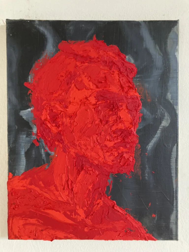 Tactile Textured Portrait Of Man In Red On Gray Background — painting; built up in heavy, tactile impasto; in oil on canvas