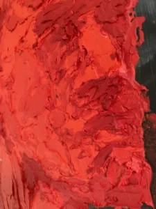 Tactile Textured Portrait Of Man In Red On Gray Background — painting; built up in heavy, tactile impasto; in oil on canvas — detail, close-up of surface texture
