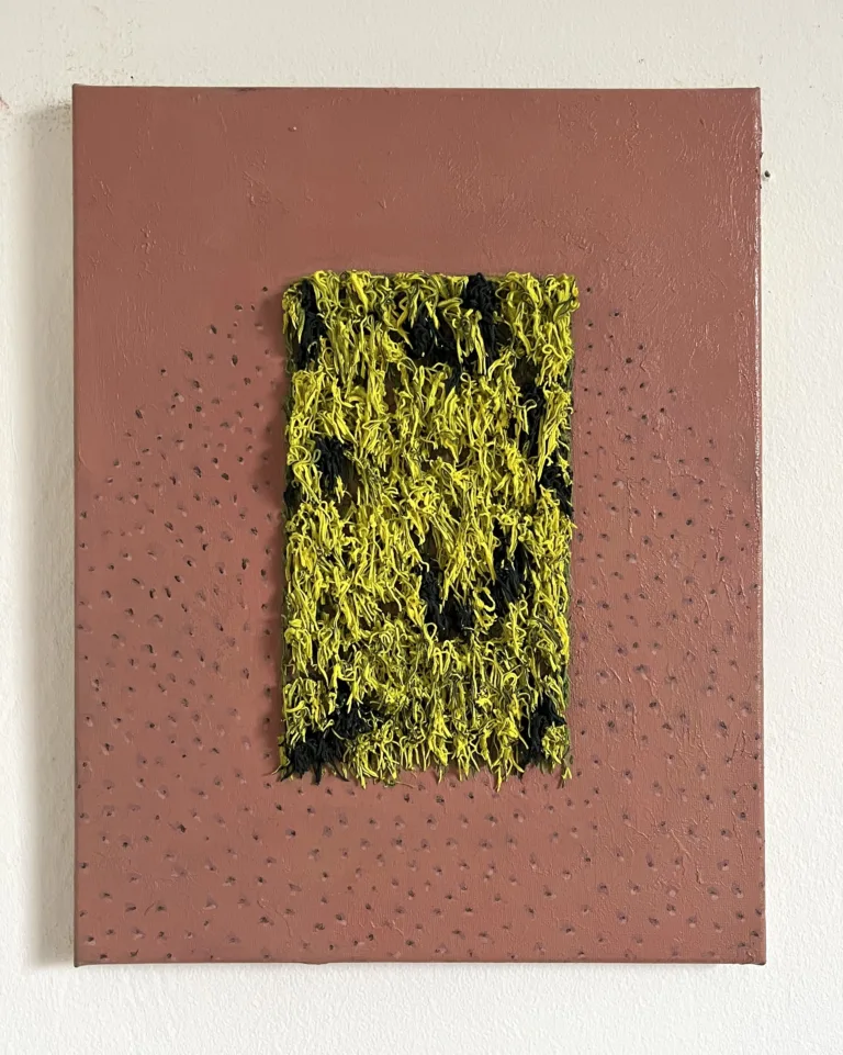 Tactile Textured Squeeze Mohawk — abstract oil-and-wax relief; a dense rectangle of yellow and black piped strands on a dotted rose-brown ground