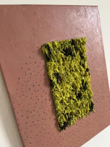 Tactile Textured Squeeze Mohawk — abstract oil-and-wax relief; a dense rectangle of yellow and black piped strands on a dotted rose-brown ground — detail 3 of 5, close-up of surface texture
