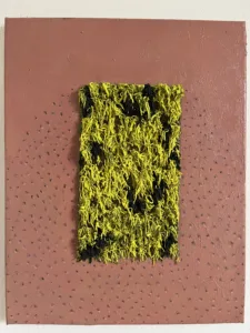 Tactile Textured Squeeze Mohawk — abstract oil-and-wax relief; a dense rectangle of yellow and black piped strands on a dotted rose-brown ground — detail 4 of 5, close-up of surface texture