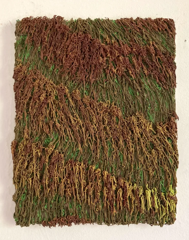 Tactile Textured Squeeze Of Pseudo Fibrous Abstraction — painting; in oil on canvas; yellow, green and brown tones