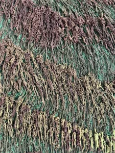 Tactile Textured Squeeze Of Pseudo Fibrous Abstraction — painting; in oil on canvas; yellow, green and brown tones — detail 1 of 4, close-up of surface texture