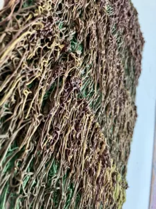Tactile Textured Squeeze Of Pseudo Fibrous Abstraction — painting; in oil on canvas; yellow, green and brown tones — detail 2 of 4, close-up of surface texture