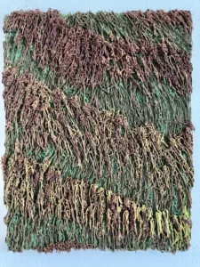 Tactile Textured Squeeze Of Pseudo Fibrous Abstraction — painting; in oil on canvas; yellow, green and brown tones — detail 4 of 4, close-up of surface texture