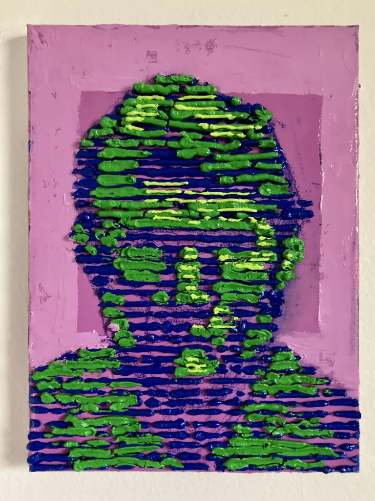 Tactile Textured Squeeze Portrait In Blue And Green On Pink Background — oil-and-wax relief portrait; a head scanned in horizontal blue lines with green and chartreuse highlights on a pink ground