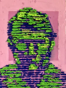 Tactile Textured Squeeze Portrait In Blue And Green On Pink Background — oil-and-wax relief portrait; a head scanned in horizontal blue lines with green and chartreuse highlights on a pink ground — detail 1 of 2, close-up of surface texture