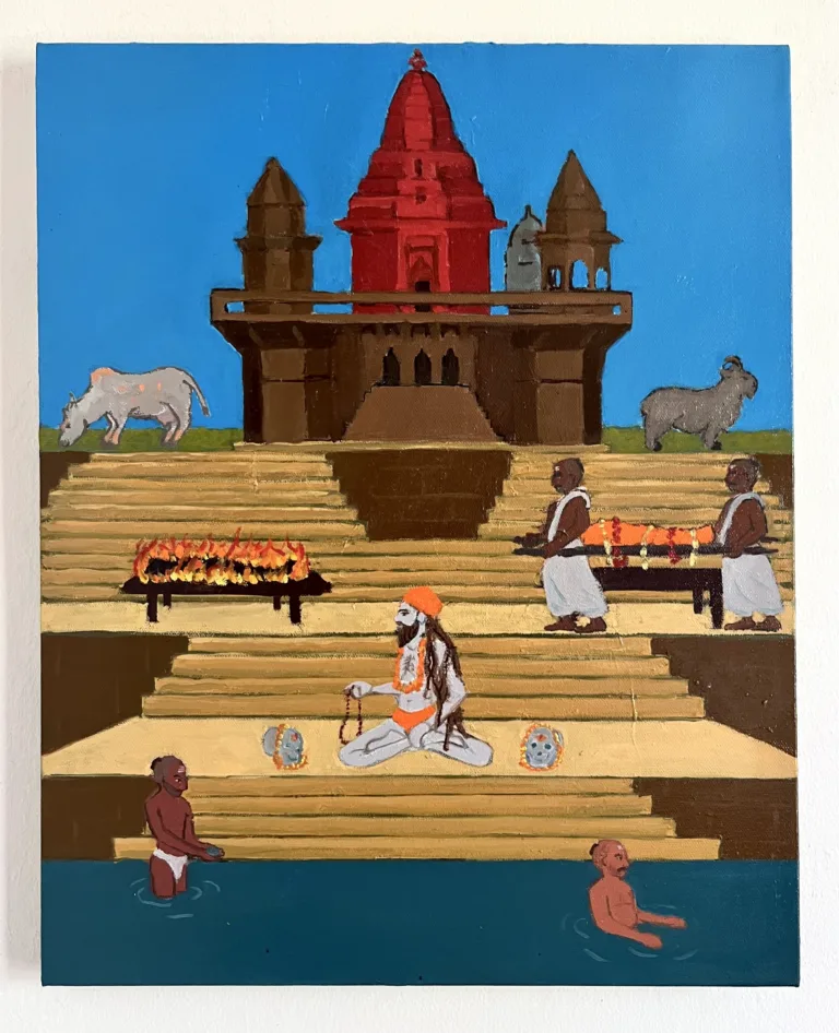 Temple Bathers And Aghori In Varanasi India — painting; of a group of figures; in oil on canvas