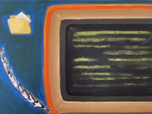 Terminal Node 98 — painting; of an object; in oil on canvas; black, brown, gray and orange tones — detail 2 of 3, close-up of surface texture