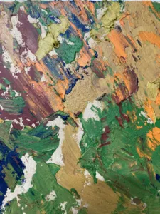 Textured Abstraction In Earth Tones — painting; built up in heavy, tactile impasto; in oil on canvas — detail 1 of 4, close-up of surface texture