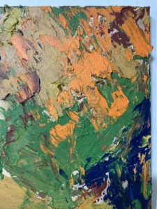 Textured Abstraction In Earth Tones — painting; built up in heavy, tactile impasto; in oil on canvas — detail 2 of 4, close-up of surface texture