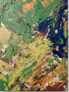 Textured Abstraction In Earth Tones — painting; built up in heavy, tactile impasto; in oil on canvas — detail 3 of 4, close-up of surface texture