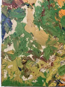 Textured Abstraction In Earth Tones — painting; built up in heavy, tactile impasto; in oil on canvas — detail 4 of 4, close-up of surface texture