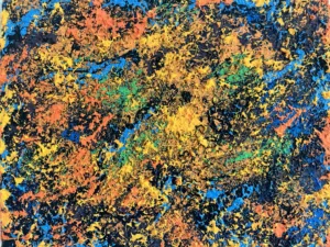 Textured Abstraction In Yellow Orange Blue — painting; built up in heavy, tactile impasto; in acrylic on canvas — detail 1 of 3, close-up of surface texture