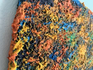 Textured Abstraction In Yellow Orange Blue — painting; built up in heavy, tactile impasto; in acrylic on canvas — detail 2 of 3, close-up of surface texture