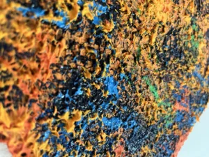Textured Abstraction In Yellow Orange Blue — painting; built up in heavy, tactile impasto; in acrylic on canvas — detail 3 of 3, close-up of surface texture